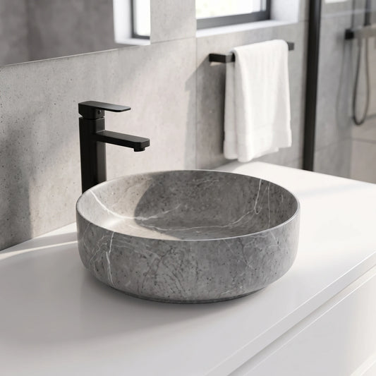Round Above Counter Wash Basin c/w Waste - Marble Grey in a room setting