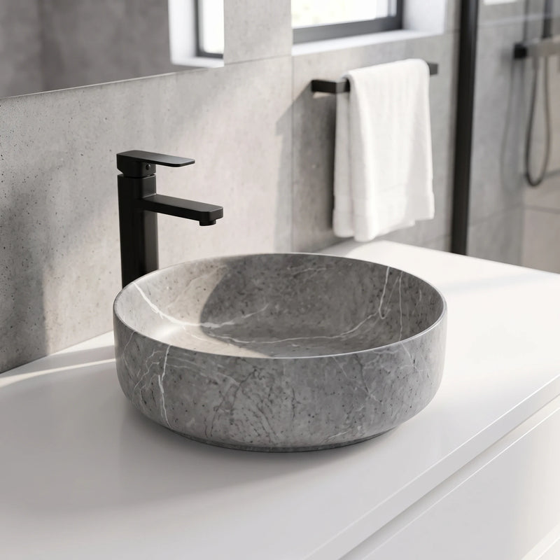 Round Above Counter Wash Basin c/w Waste - Marble Grey in a room setting