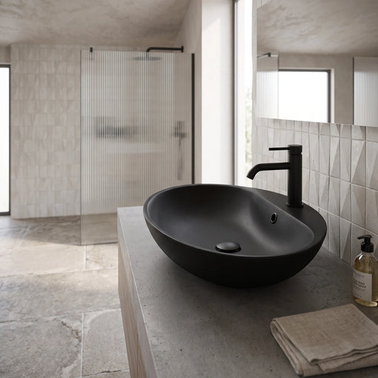 Oval Above Counter Wash Basin - Matte Black in a room setting