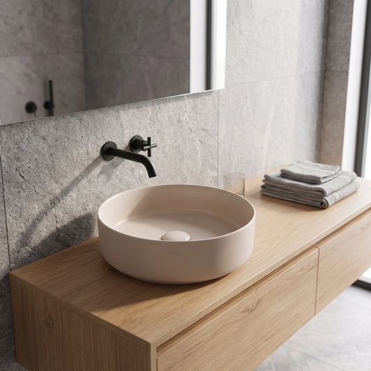 Round Wash Basin with Waste - Khaki in a room setting