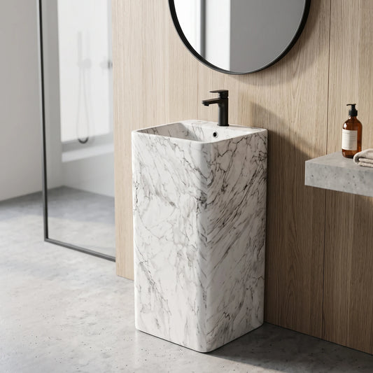 Square Free Standing Wash Basin c/w Waste - Marble White in a room setting