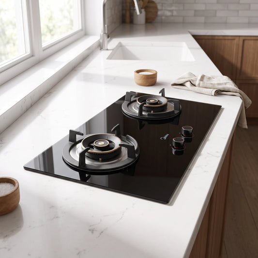 Midea 2 Burner Glass Gas Hob in a room setting