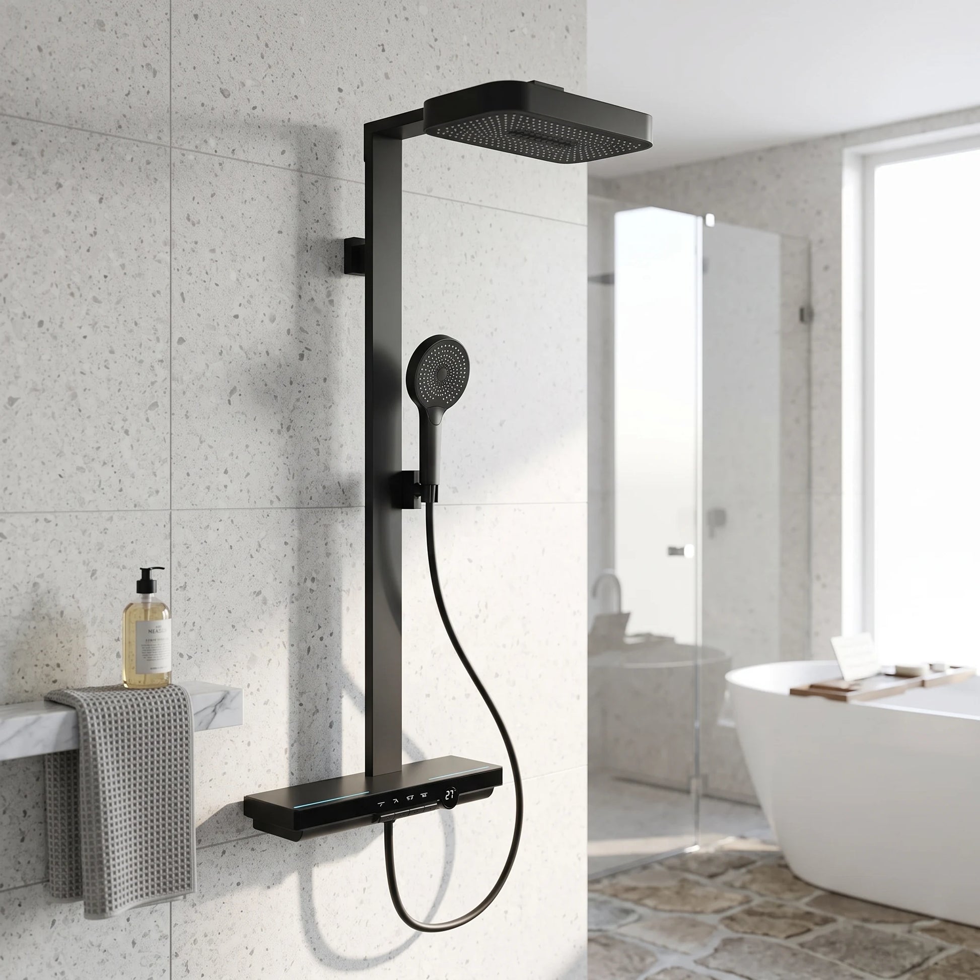 Exposed Shower Bar Set - Matt Black in a room setting