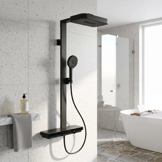 Exposed Shower Bar Set - Matt Black in a room setting