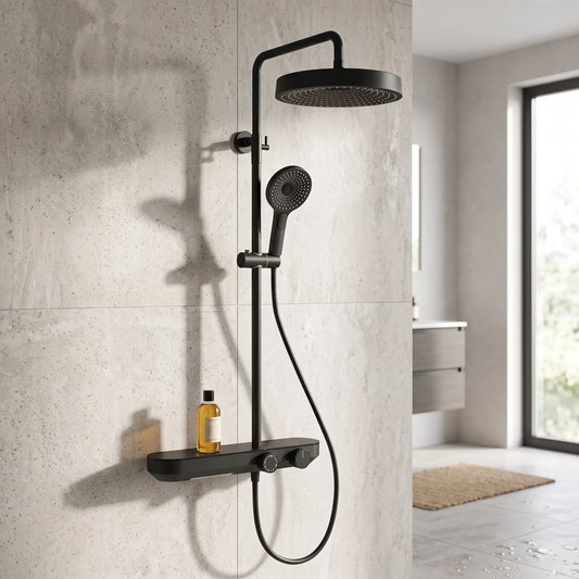 Exposed Shower Bar Set - Matt Black in a room setting