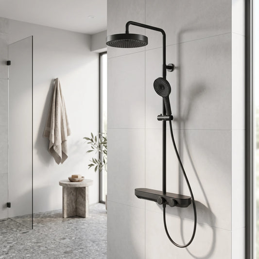 Exposed Shower Bar Set - Matt Black in a room setting
