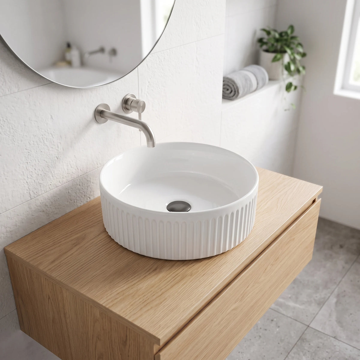 Round Above Counter Top Basin with Vertical Grooves - White in a room setting