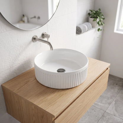Round Above Counter Top Basin with Vertical Grooves - White in a room setting