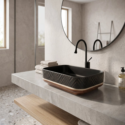 Rectangular Above Counter Wash Basin - Art Pattern & Black in a room setting