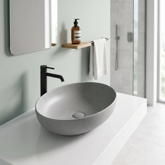 Oval Above Counter Wash Basin c/w Waste - Light Grey in a room setting