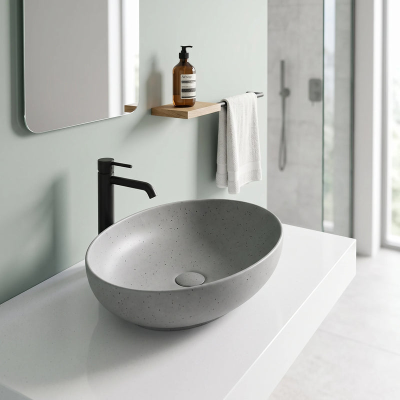 Oval Above Counter Wash Basin c/w Waste - Light Grey in a room setting