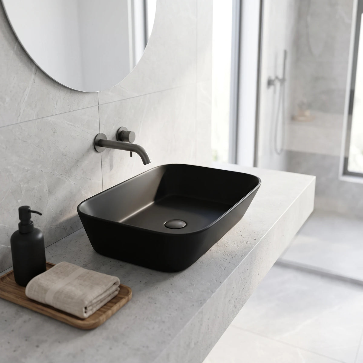 Rectangular Above Counter Wash Basin - Matt Black in a room setting