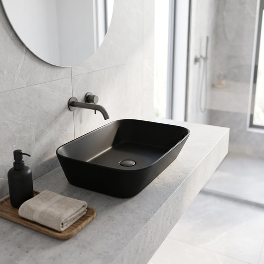 Rectangular Above Counter Wash Basin - Matt Black in a room setting
