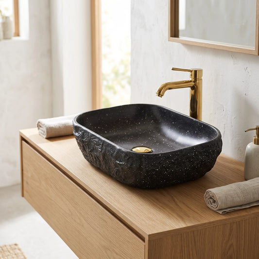Rectangular Artifical Stone Above Counter Wash Basin c/w Waste - Black with Spot Pattern in a room setting