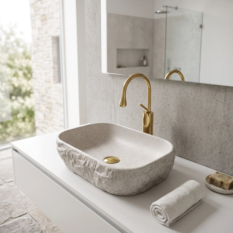 Rectangular Artifical Stone Above Counter Wash Basin c/w Waste - White with Spot Pattern in a room setting