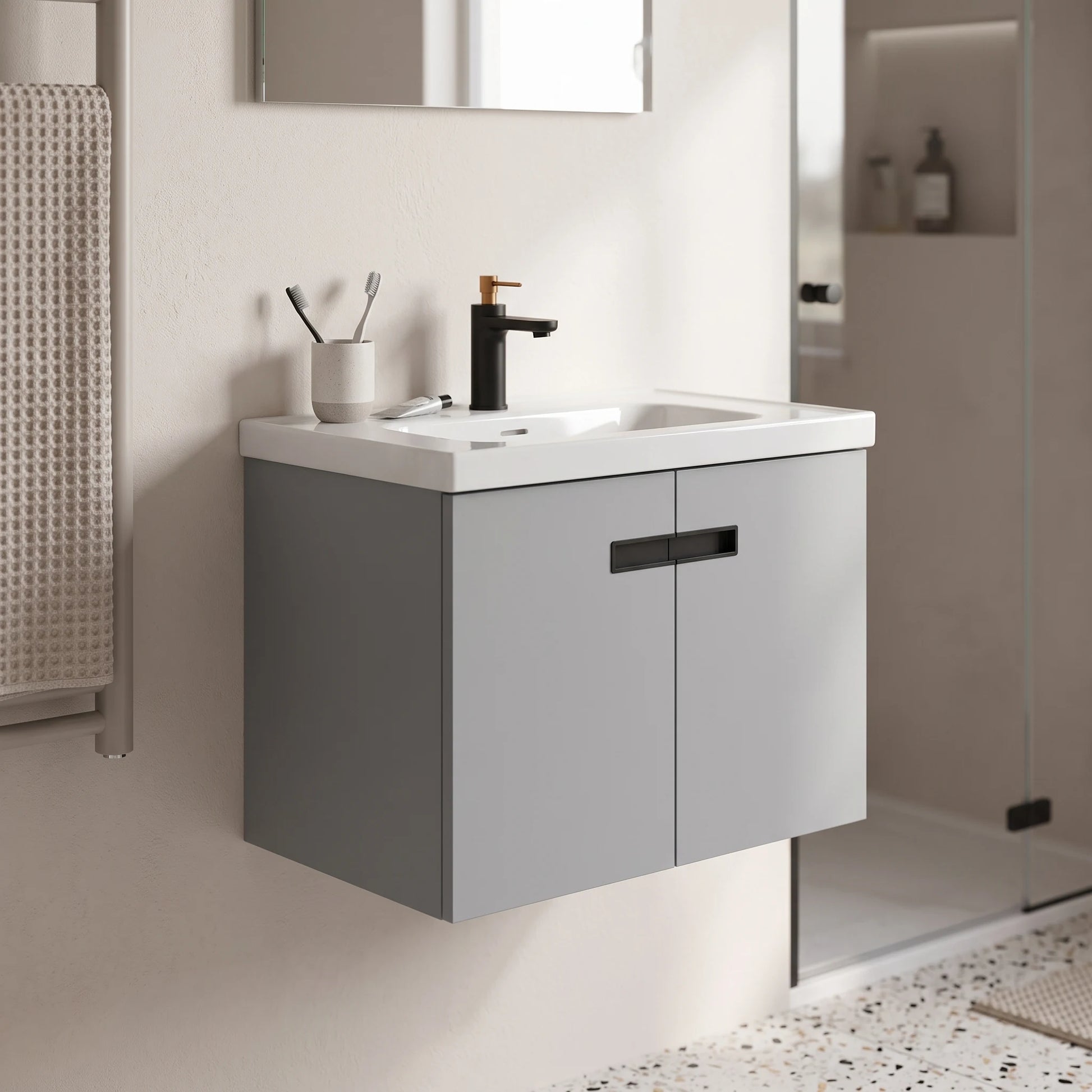 Aluminium Main Basin Cabinet Set - Grey in a room setting