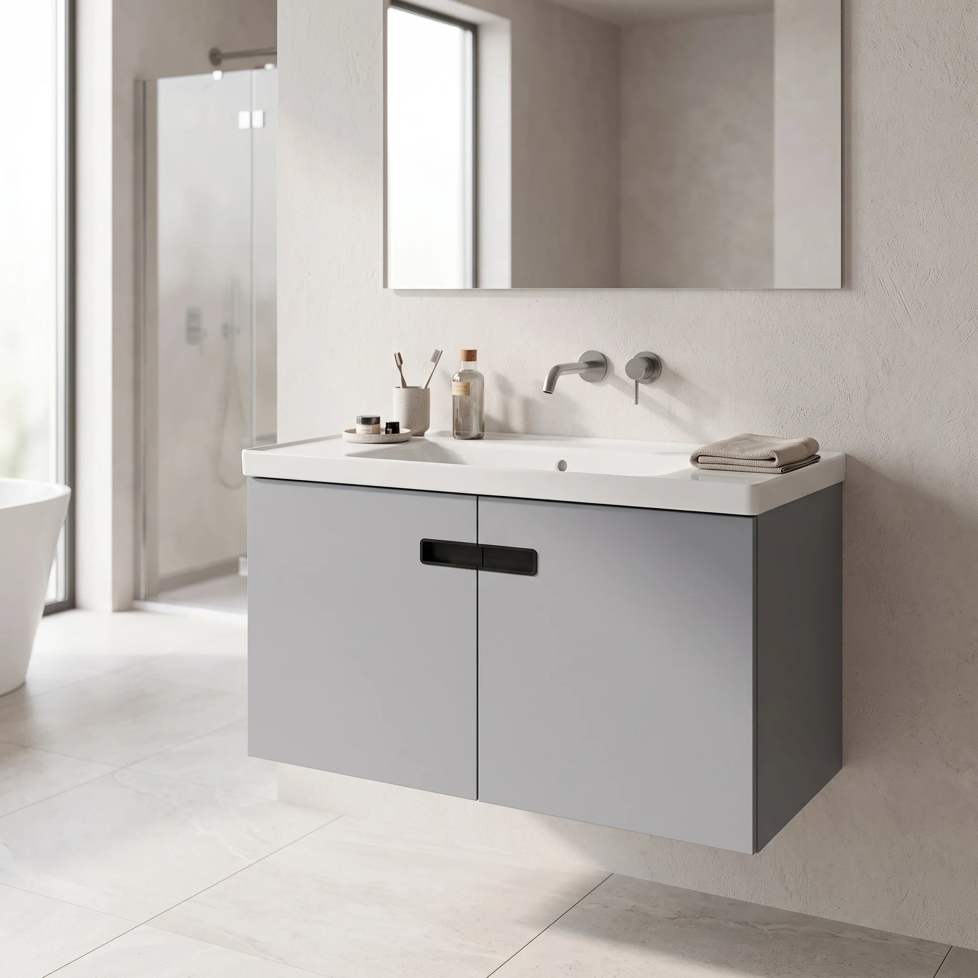 Aluminium Main Basin Cabinet Set - Grey in a room setting