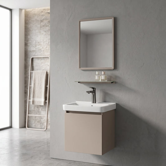 Main Basin Aluminium Cabinet c/w Mirror And Glass Shelf in a room setting