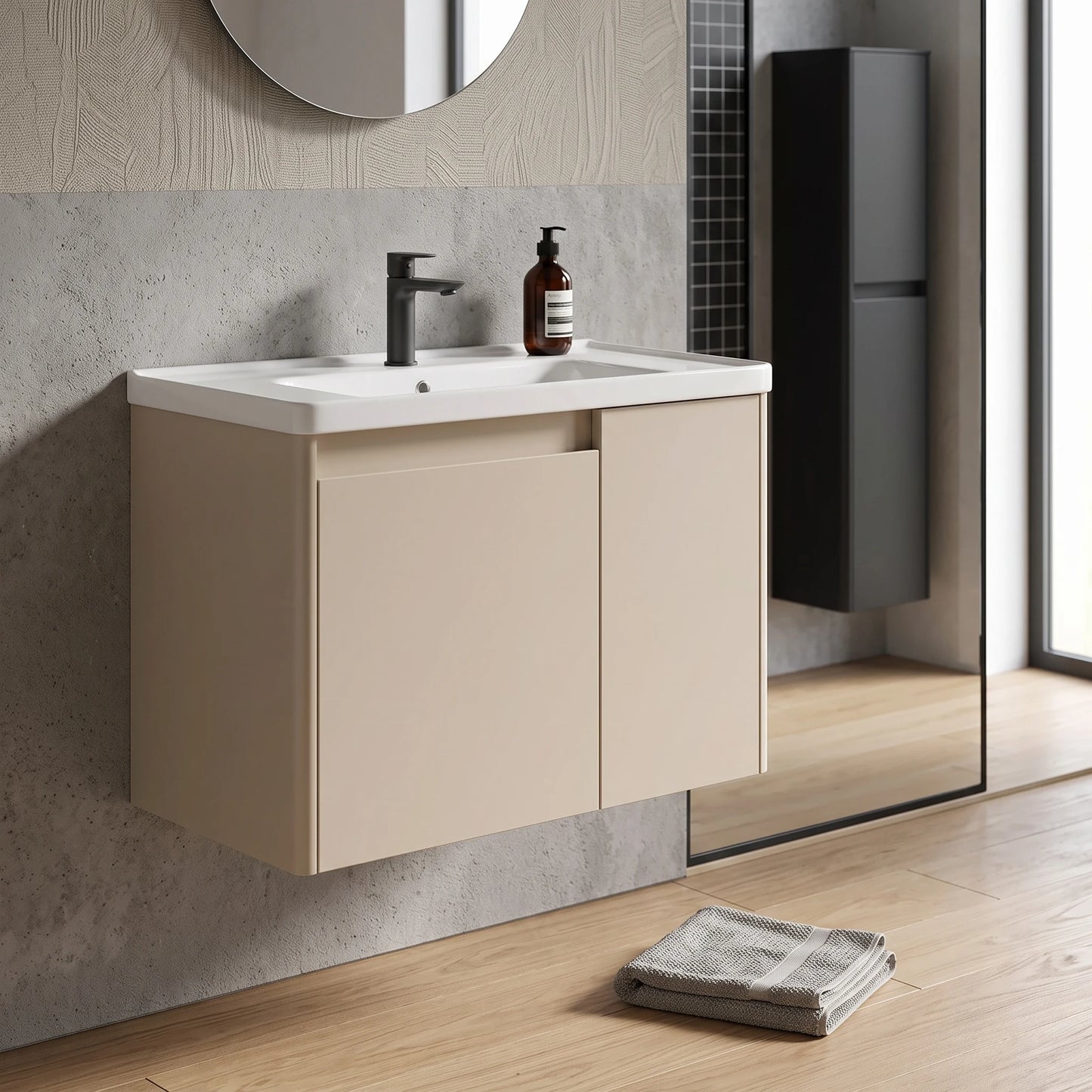 Carbon Steel Basin Cabinet Set in a room setting