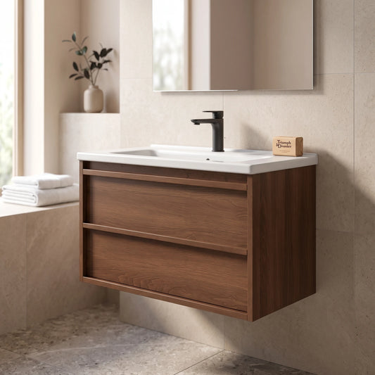 Solid Wood Basin Cabinet Set in a room setting
