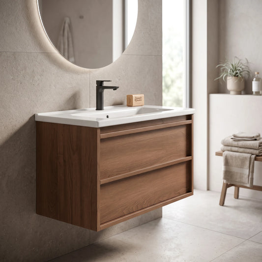 Solid Wood Basin Cabinet Set in a room setting