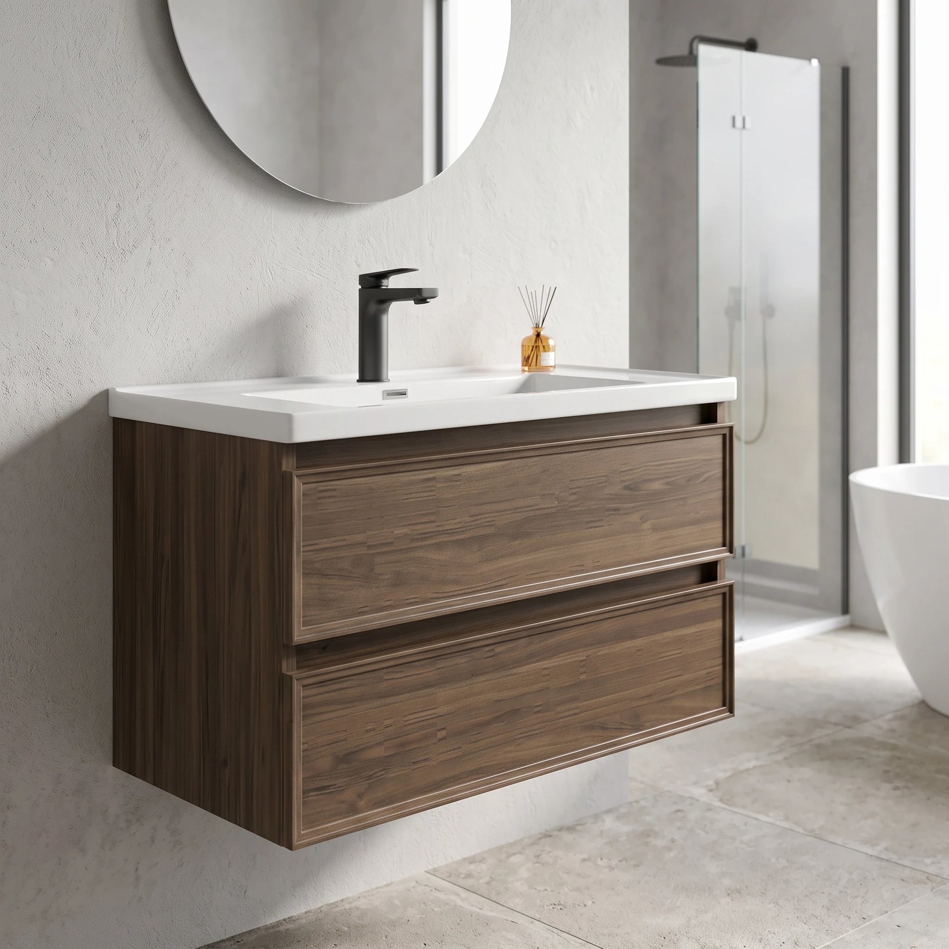 Solid Wood Basin Cabinet Set in a room setting