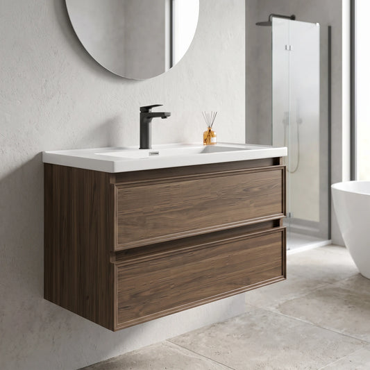 Solid Wood Basin Cabinet Set in a room setting