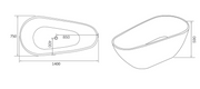 Size and layout specifications for free standing bath tub of 1400 x 750 x 590 mm