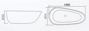 Size chart of minimalist bathtub for Malaysian homes with 1500 x 800 x 600 mm