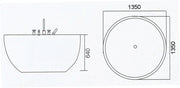 Size chart for standing bathtub of 1350 x 1350 x 640 mm