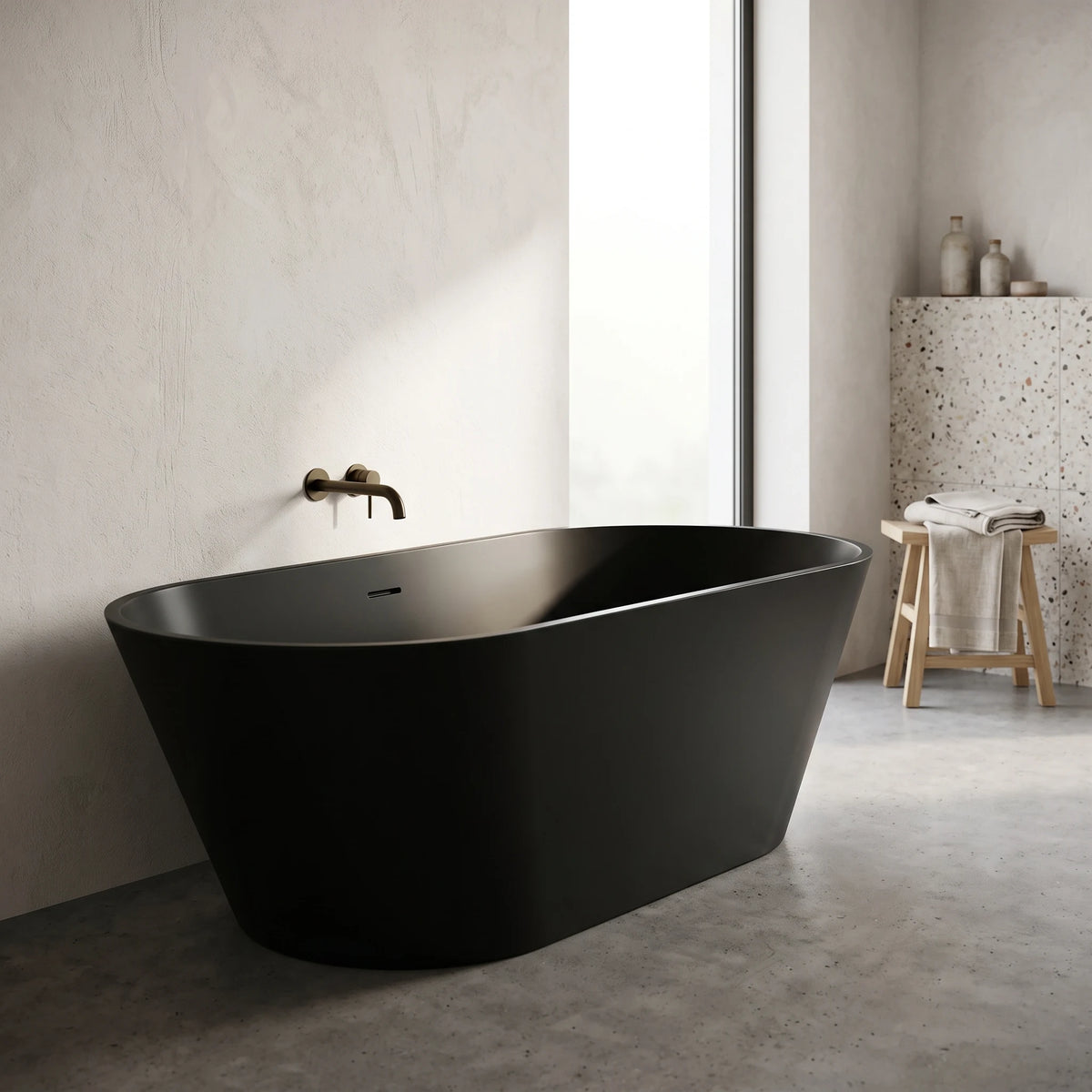 Free Standing Bathtub c/w Waste - Matt Black in a room setting