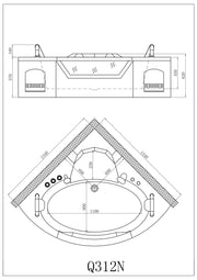 Q312N corner bath tub plan view. See exact measurements in this drawing