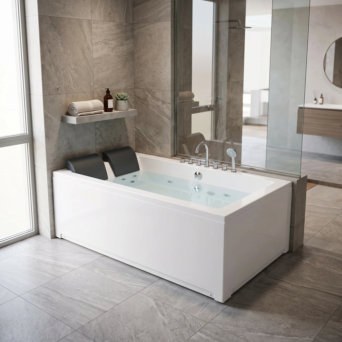 Massage Bath Tub (Right) with faucet c/w 4pcs big jets and 16pcs small jets in a room setting