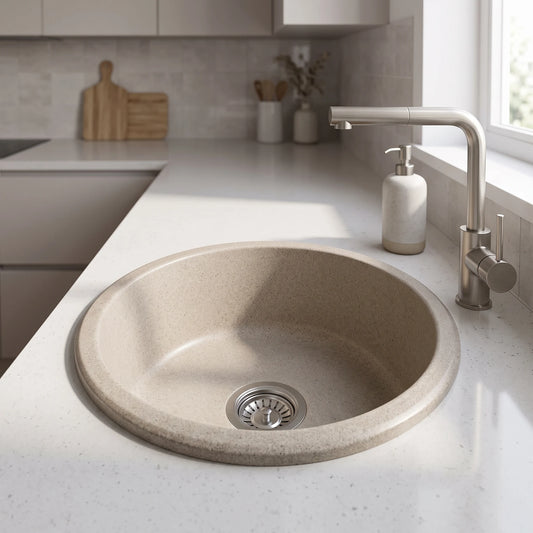 Round Granitetech Kitchen Sink - Sand in a room setting