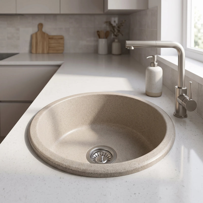 Round Granitetech Kitchen Sink - Sand in a room setting