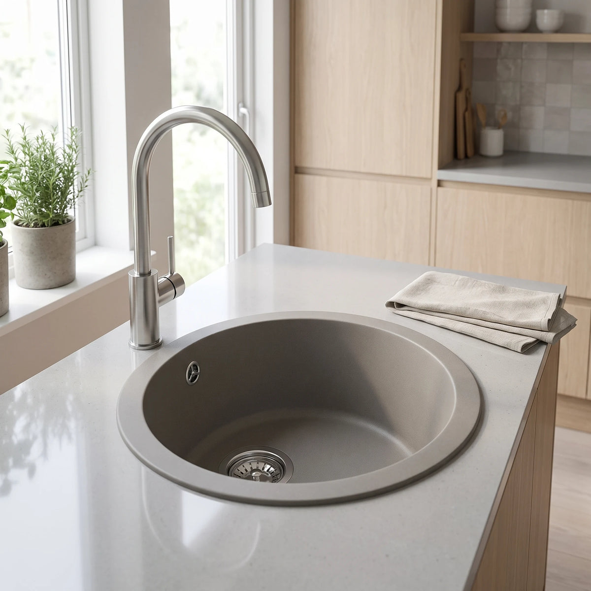 Round Granitetech Kitchen Sink - Grey in a room setting