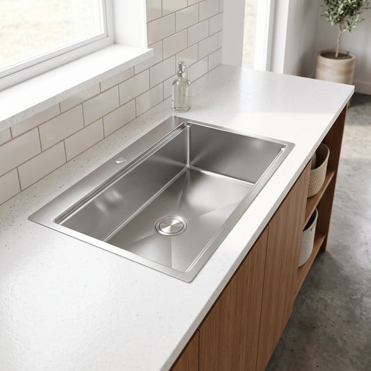 SUS304 Single Bowl Mini Nano Kitchen Sink c/w Chopping Board & Basket in a room setting