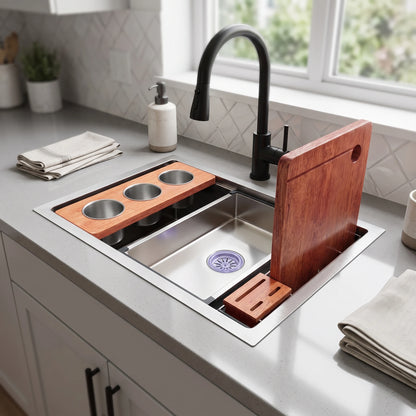 SUS304 Single-Tier Single Bowl Mini Nano Workstation Sink c/w Wooden Chopping Board, Caddy with Knife Block, Colander and Sauce Plate in a room setting