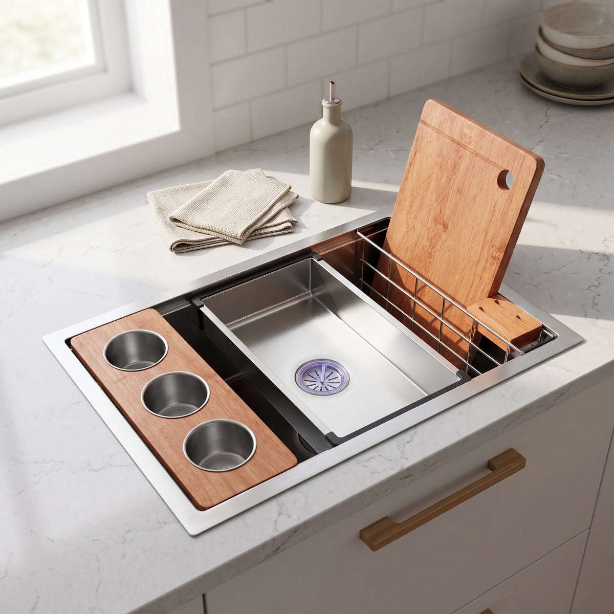SUS304 Single-Tier Single Bowl Mini Nano Workstation Sink c/w Wooden Chopping Board, Caddy with Knife Block, Colander and Sauce Plate in a room setting