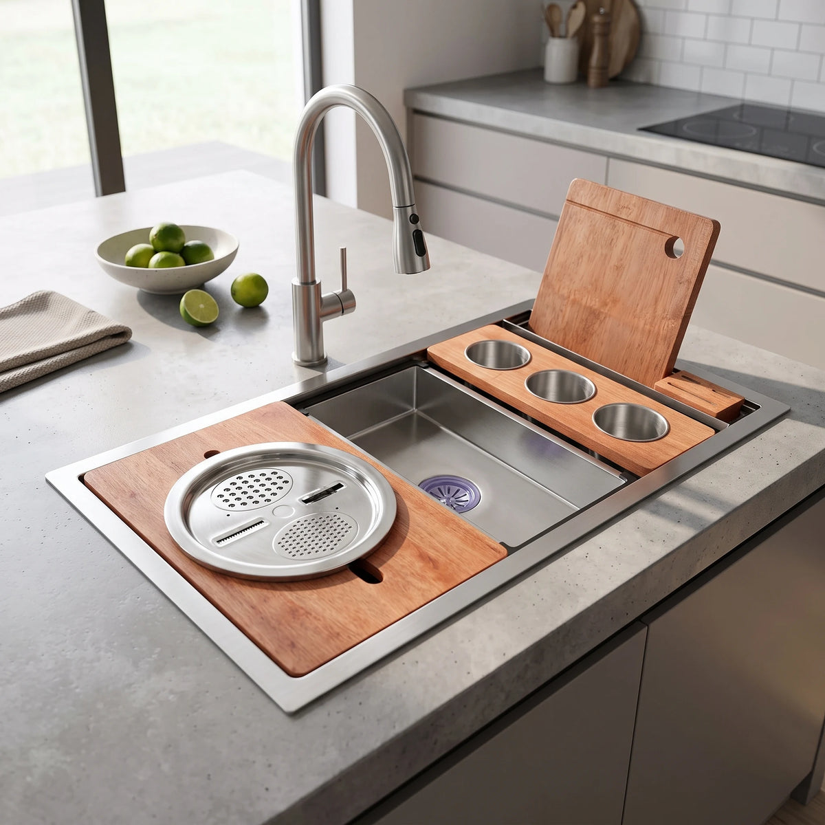 SUS304 Single-Tier Single Bowl Mini Nano Workstation Sink c/w Wooden Chopping Board, Caddy with Knife Block, Colander, Sauce Plate, Cutter & Mixing Bowl Tray in a room setting