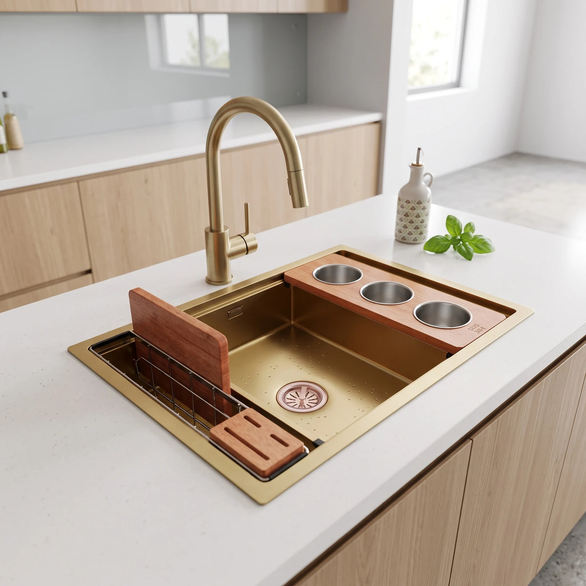 SUS304 Single-Tier Single Bowl Mini Nano Workstation Sink c/w Wooden Chopping Board, Caddy with Knife Block, Colander and Sauce Plate - Matt Gold in a room setting