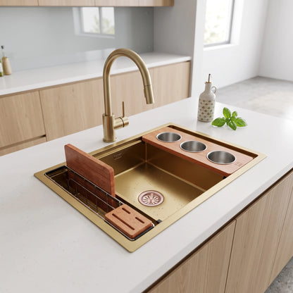 SUS304 Single-Tier Single Bowl Mini Nano Workstation Sink c/w Wooden Chopping Board, Caddy with Knife Block, Colander and Sauce Plate - Matt Gold in a room setting