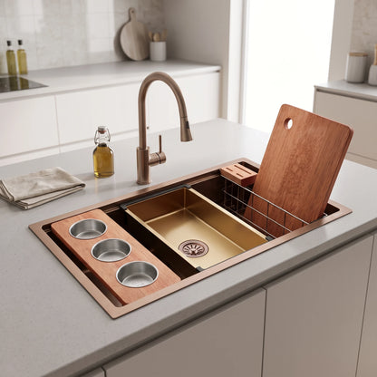 SUS304 Single-Tier Single Bowl Mini Nano Workstation Sink c/w Wooden Chopping Board, Caddy with Knife Block, Colander and Sauce Plate - Brushed Rose Gold in a room setting