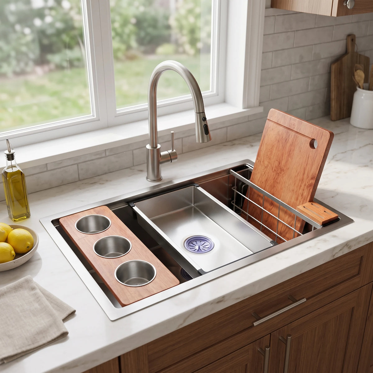 SUS304 Single-Tier Single Bowl Mini Nano Workstation Sink c/w Wooden Chopping Board, Caddy with Knife Block, Colander and Sauce Plate - Brushed Rose Gold in a room setting