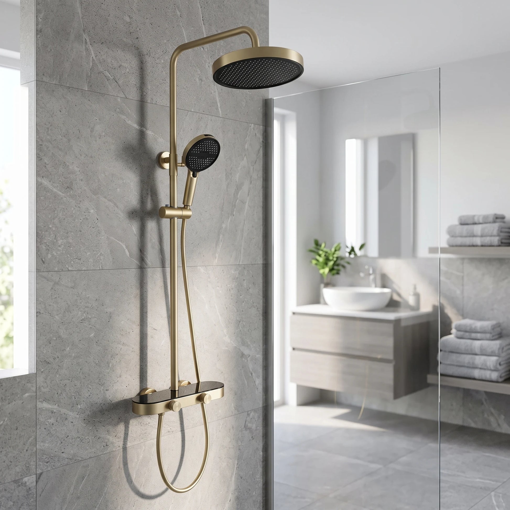 Exposed Shower Bar Set - Matt Gold in a room setting