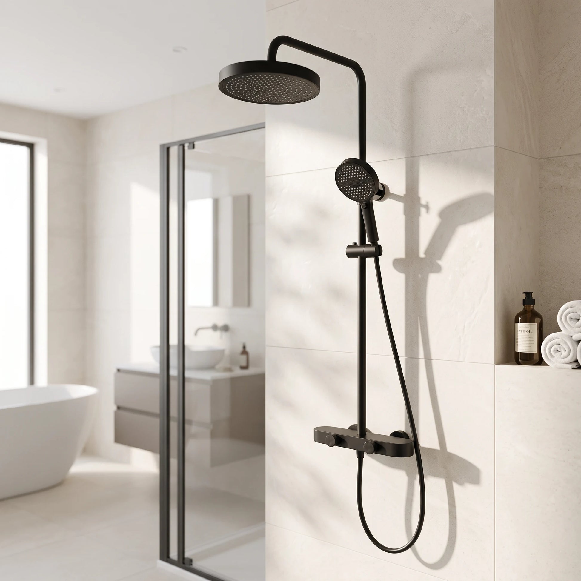 Exposed Shower Bar Set - Matt Black in a room setting
