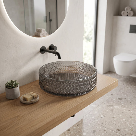 Round Glass Vessel Sink - White in a room setting