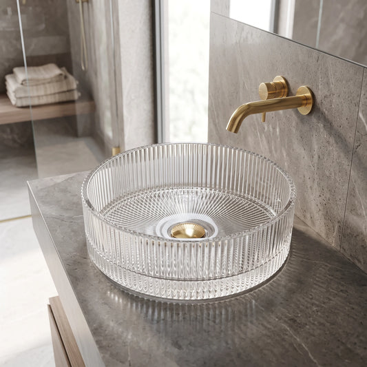 Round Glass Vessel Sink - Transparent in a room setting