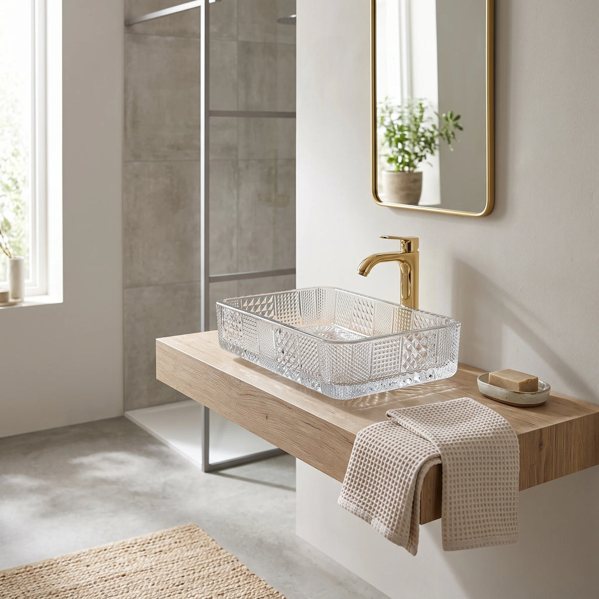 Rectangle Glass Vessel Sink - Transparent in a room setting