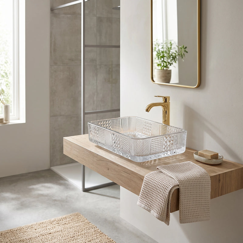 Rectangle Glass Vessel Sink - Transparent in a room setting